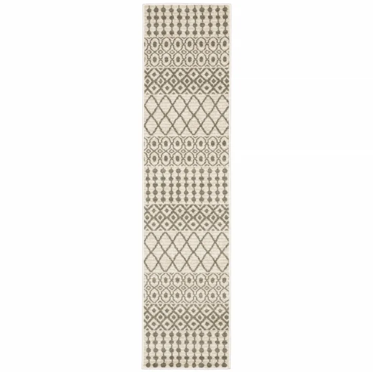 Ivory And Grey Geometric Power Loom Stain Resistant Runner Rug Photo 1