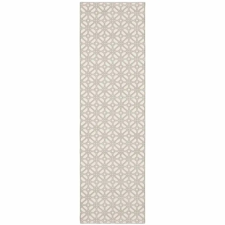 Ivory And Grey Geometric Power Loom Stain Resistant Runner Rug Photo 1