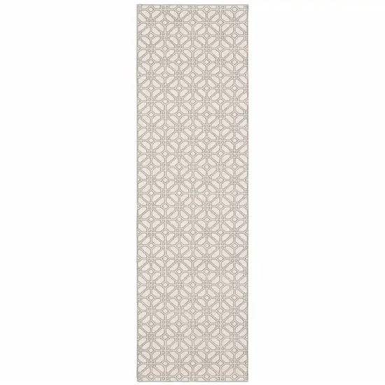 Ivory And Grey Geometric Power Loom Stain Resistant Runner Rug Photo 1