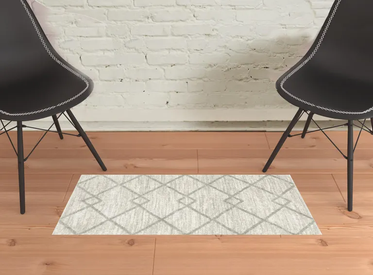 Ivory And Grey Geometric Shag Power Loom Stain Resistant Area Rug Photo 2