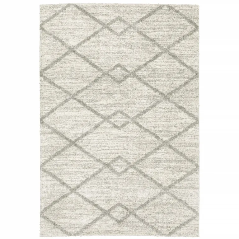 Ivory And Grey Geometric Shag Power Loom Stain Resistant Area Rug Photo 1