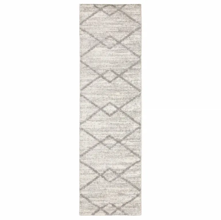 Ivory And Grey Geometric Shag Power Loom Stain Resistant Runner Rug Photo 1