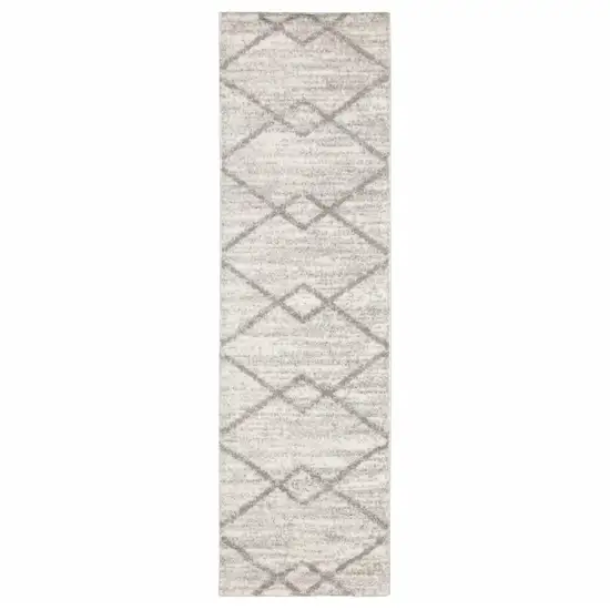 Ivory And Grey Geometric Shag Power Loom Stain Resistant Runner Rug Photo 1