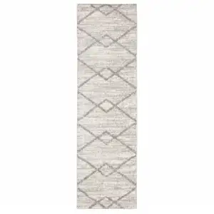 Photo of Ivory And Grey Geometric Shag Power Loom Stain Resistant Runner Rug