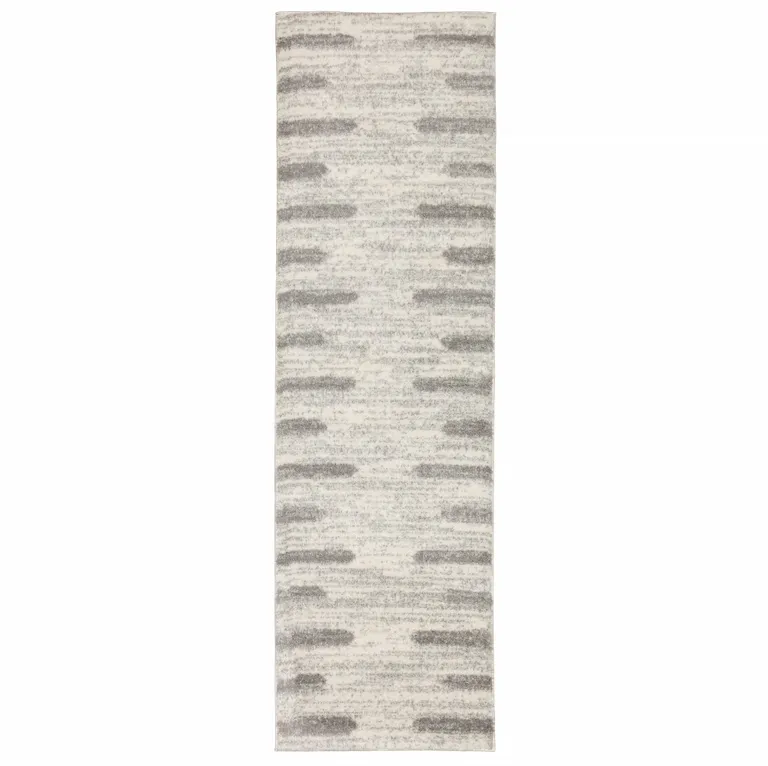 Ivory And Grey Geometric Shag Power Loom Stain Resistant Runner Rug Photo 1