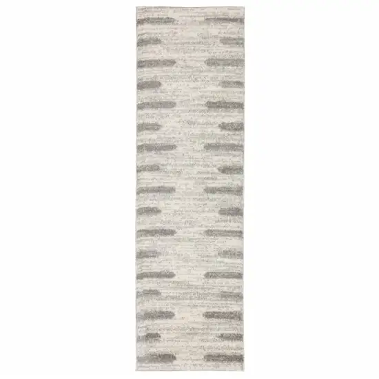 Ivory And Grey Geometric Shag Power Loom Stain Resistant Runner Rug Photo 1