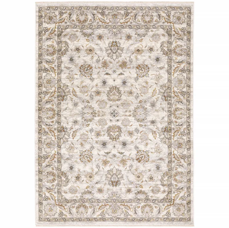 Ivory And Grey Oriental Power Loom Stain Resistant Area Rug With Fringe Photo 1