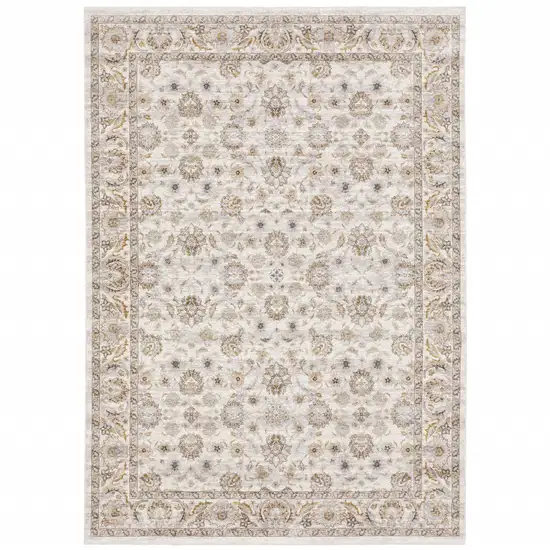 Ivory And Grey Oriental Power Loom Stain Resistant Area Rug With Fringe Photo 1