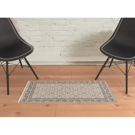 Ivory And Grey Oriental Power Loom Stain Resistant Area Rug With Fringe Photo 2