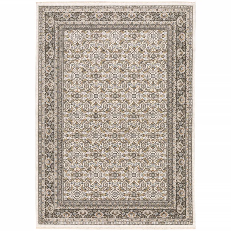 Ivory And Grey Oriental Power Loom Stain Resistant Area Rug With Fringe Photo 1