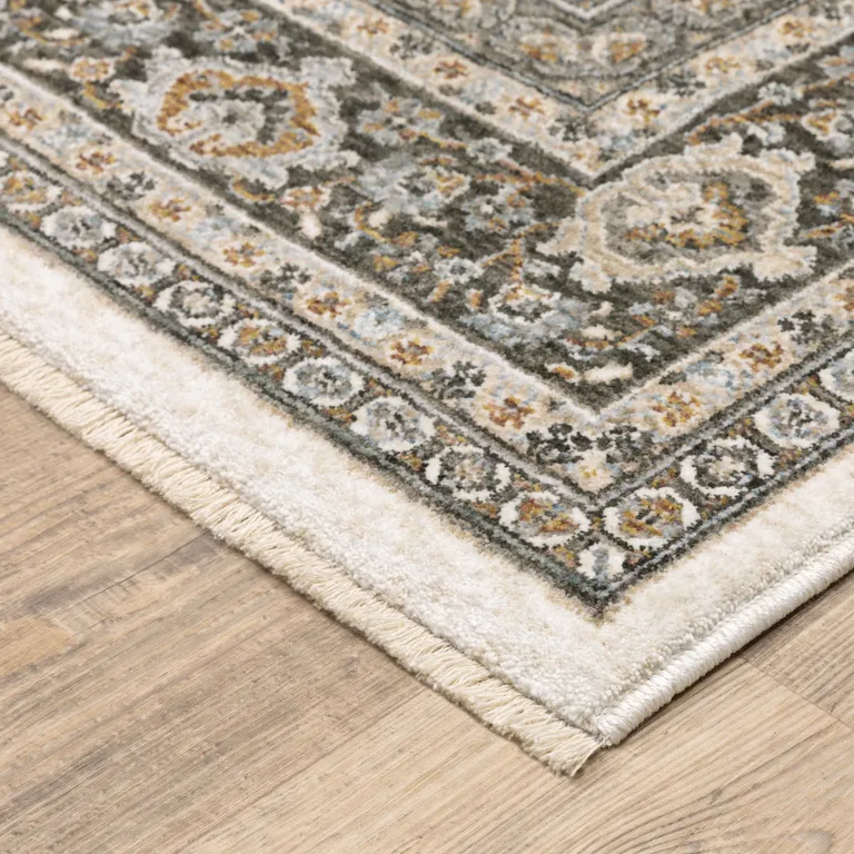 Ivory And Grey Oriental Power Loom Stain Resistant Area Rug With Fringe Photo 5