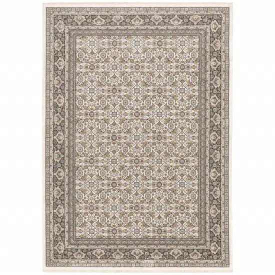 Ivory And Grey Oriental Power Loom Stain Resistant Area Rug With Fringe Photo 1