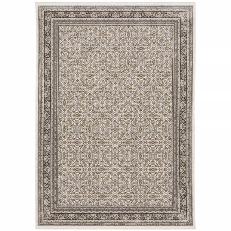 Ivory And Grey Oriental Power Loom Stain Resistant Area Rug With Fringe Photo 1