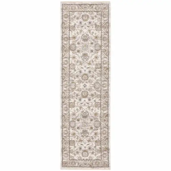 Ivory And Grey Oriental Power Loom Stain Resistant Runner Rug With Fringe Photo 2