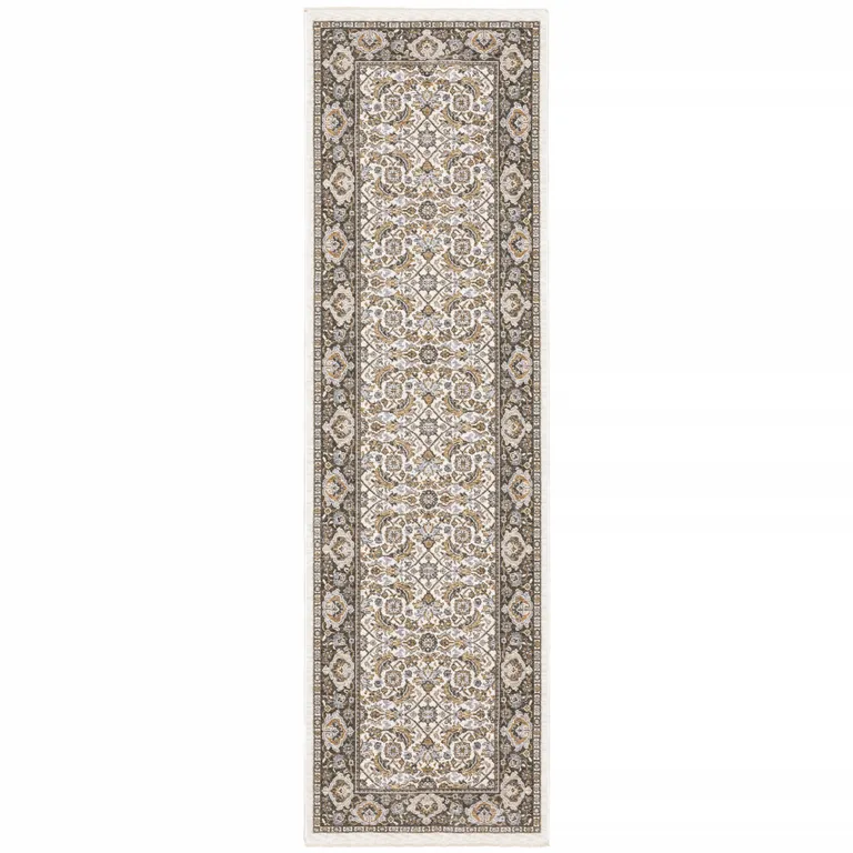 Ivory And Grey Oriental Power Loom Stain Resistant Runner Rug With Fringe Photo 1