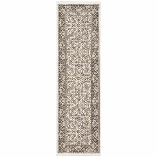 Ivory And Grey Oriental Power Loom Stain Resistant Runner Rug With Fringe Photo 1