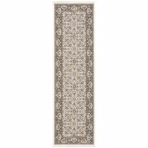 Photo of Ivory And Grey Oriental Power Loom Stain Resistant Runner Rug With Fringe