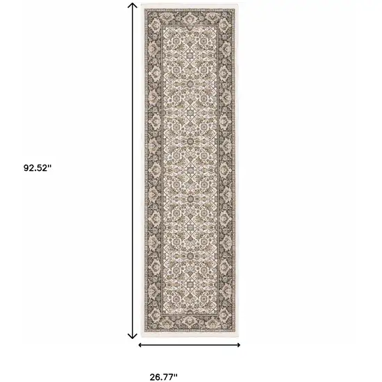 Ivory And Grey Oriental Power Loom Stain Resistant Runner Rug With Fringe Photo 10