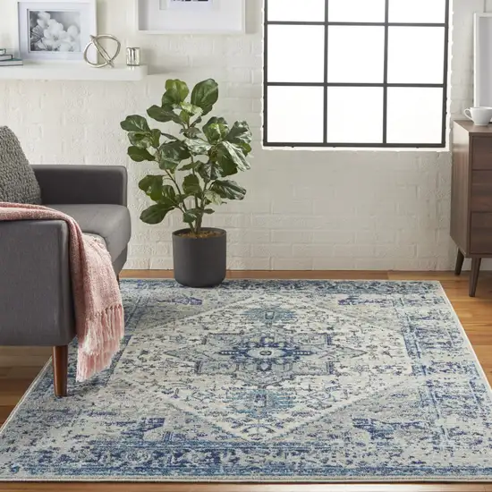 Ivory And Light Blue Floral Medallion Distressed Area Rug Photo 9