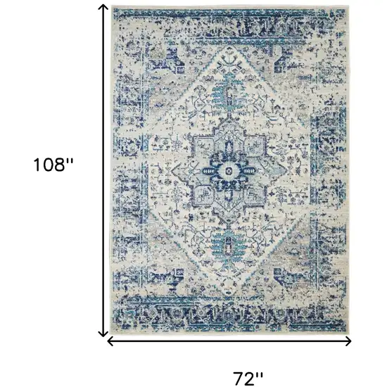 Ivory And Light Blue Floral Medallion Distressed Area Rug Photo 3