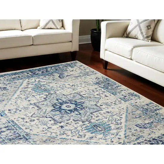 Ivory And Light Blue Floral Medallion Distressed Area Rug Photo 2