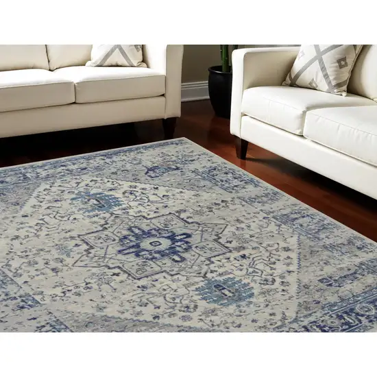 Ivory And Light Blue Floral Medallion Distressed Area Rug Photo 1