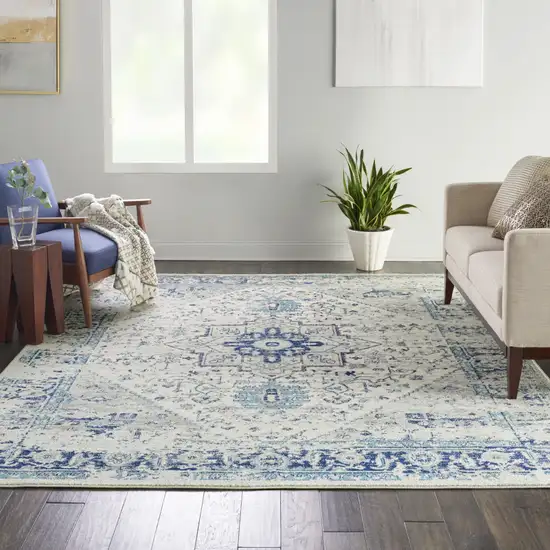 Ivory And Light Blue Floral Medallion Distressed Area Rug Photo 9