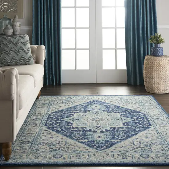 Ivory And Navy Blue Floral Medallion Distressed Area Rug Photo 8