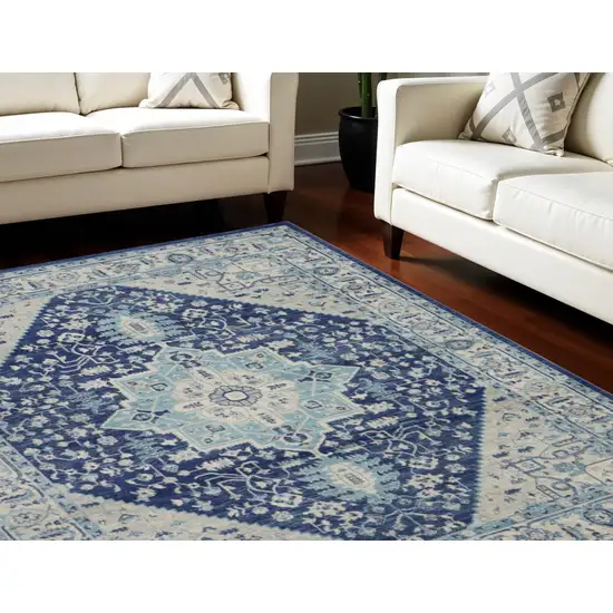 Ivory And Navy Blue Floral Medallion Distressed Area Rug Photo 1