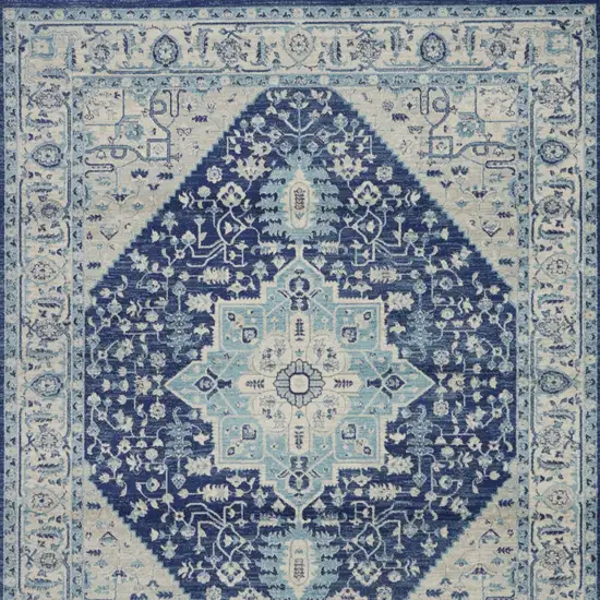 Ivory And Navy Blue Floral Medallion Distressed Area Rug Photo 8