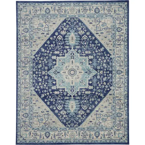 Ivory And Navy Blue Floral Medallion Distressed Area Rug Photo 2