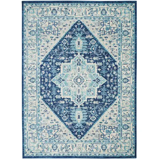 Ivory And Navy Blue Floral Medallion Distressed Area Rug Photo 2