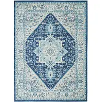 Photo of Ivory And Navy Blue Floral Medallion Distressed Area Rug