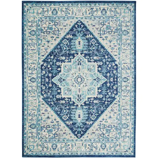 Ivory And Navy Blue Floral Medallion Distressed Area Rug Photo 7