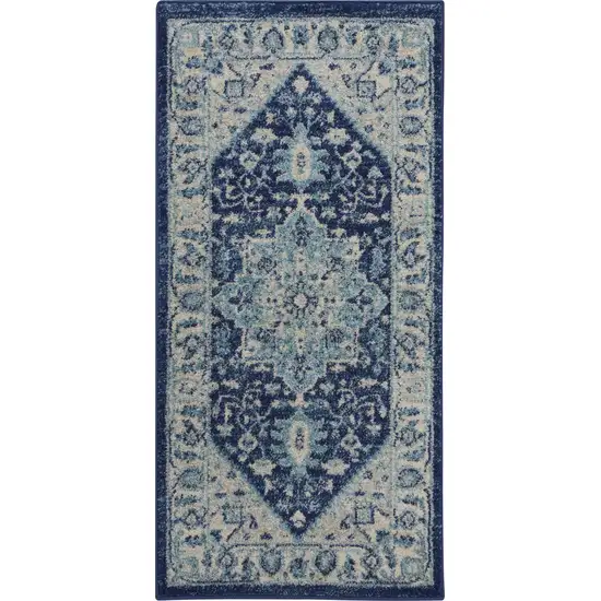 Ivory And Navy Blue Floral Medallion Distressed Area Rug Photo 2