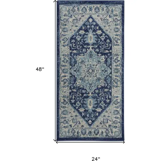 Ivory And Navy Blue Floral Medallion Distressed Area Rug Photo 3