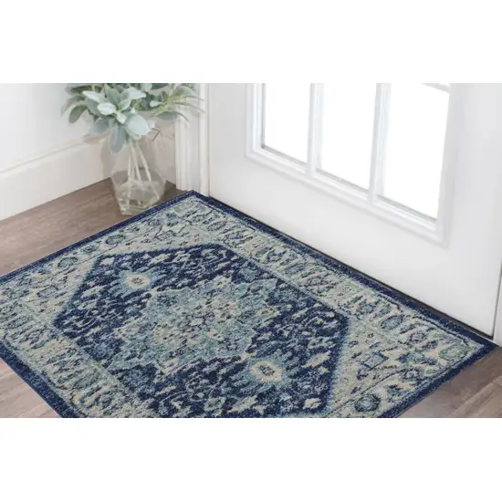 Ivory And Navy Blue Floral Medallion Distressed Area Rug Photo 1