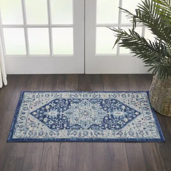 Ivory And Navy Blue Floral Medallion Distressed Area Rug Photo 8