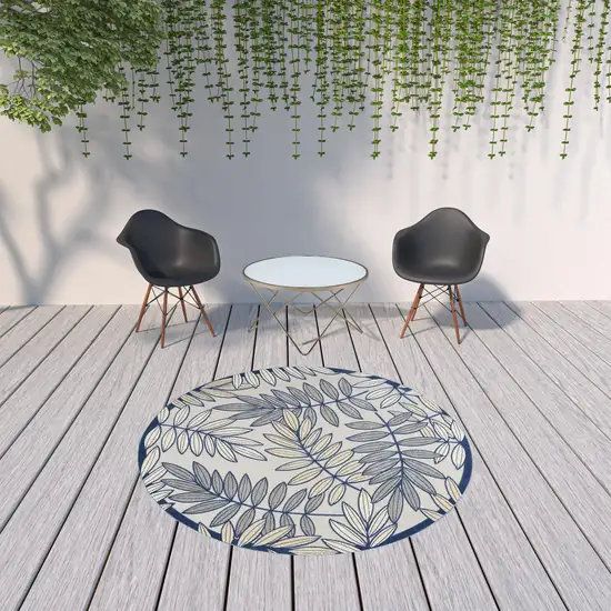 Ivory And Navy Round Floral Non Skid Indoor Outdoor Area Rug Photo 2