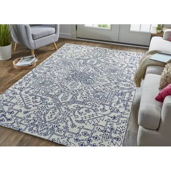 Ivory And Navy Wool Floral Tufted Handmade Stain Resistant Area Rug Photo 9