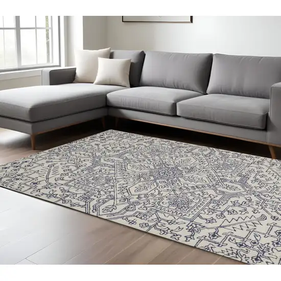 Ivory and Blue Wool Floral Hand Tufted Area Rug Photo 2