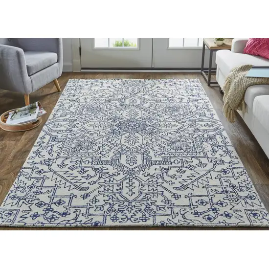 Ivory And Navy Wool Floral Tufted Handmade Stain Resistant Area Rug Photo 7