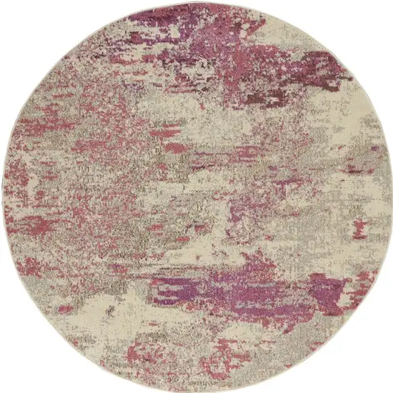 Ivory And Pink Round Abstract Power Loom Non Skid Area Rug Photo 4