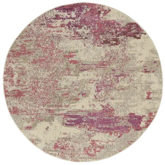 Ivory And Pink Round Abstract Power Loom Non Skid Area Rug Photo 1