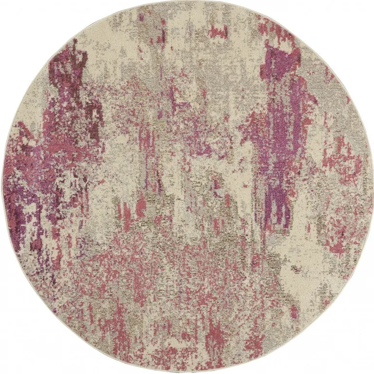 Ivory And Pink Round Abstract Power Loom Non Skid Area Rug Photo 4