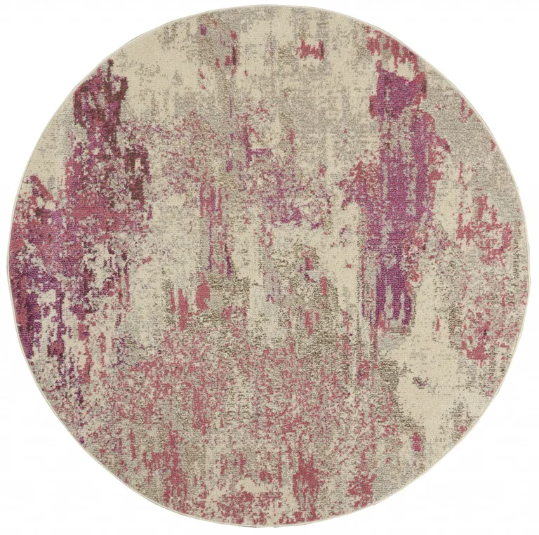 Ivory And Pink Round Abstract Power Loom Non Skid Area Rug Photo 1