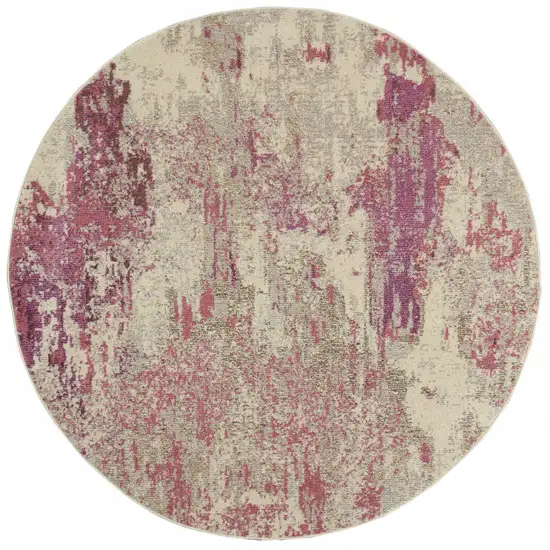 Ivory And Pink Round Abstract Power Loom Non Skid Area Rug Photo 1