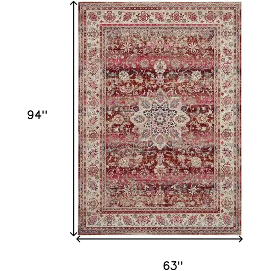 Ivory And Red Floral Distressed Area Rug Photo 3