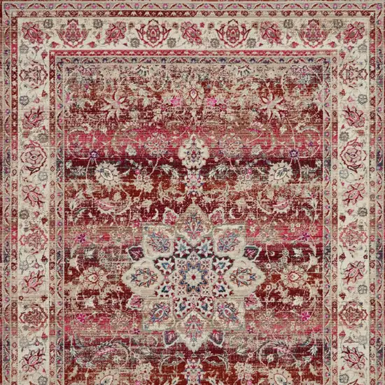 Ivory And Red Floral Distressed Area Rug Photo 8