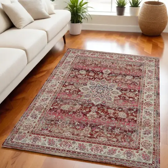 Ivory And Red Floral Distressed Area Rug Photo 1